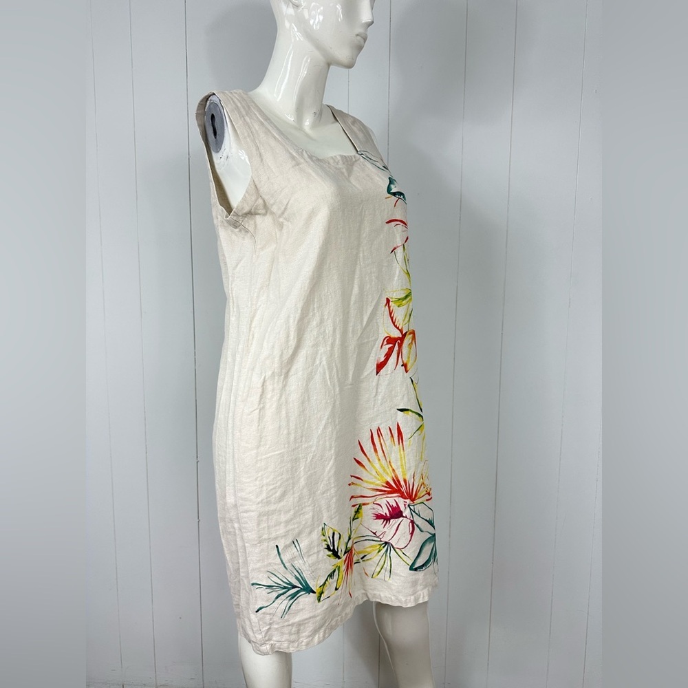 FOR CYNTHIA Women’s Sz M Striped Linen Blend Sleeveless Floral Beige Dress - Picture 2 of 10